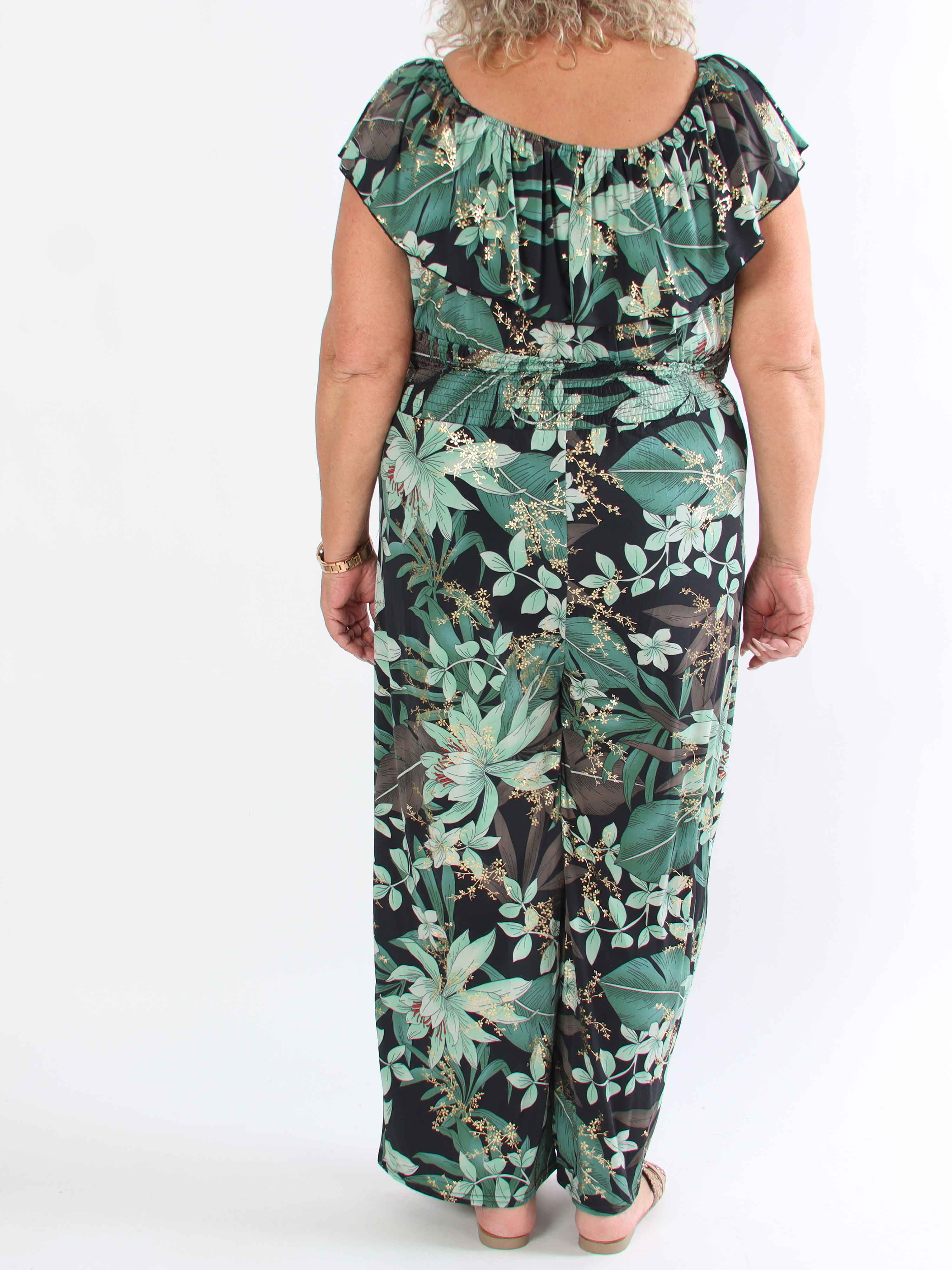 Pams Frill Jumpsuit - Elastisk buksedragt i plus size med smock og flæse